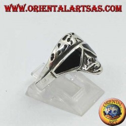 Anillo de plata con forma de cara de motociclista con gafas de sol con lentes de ónice