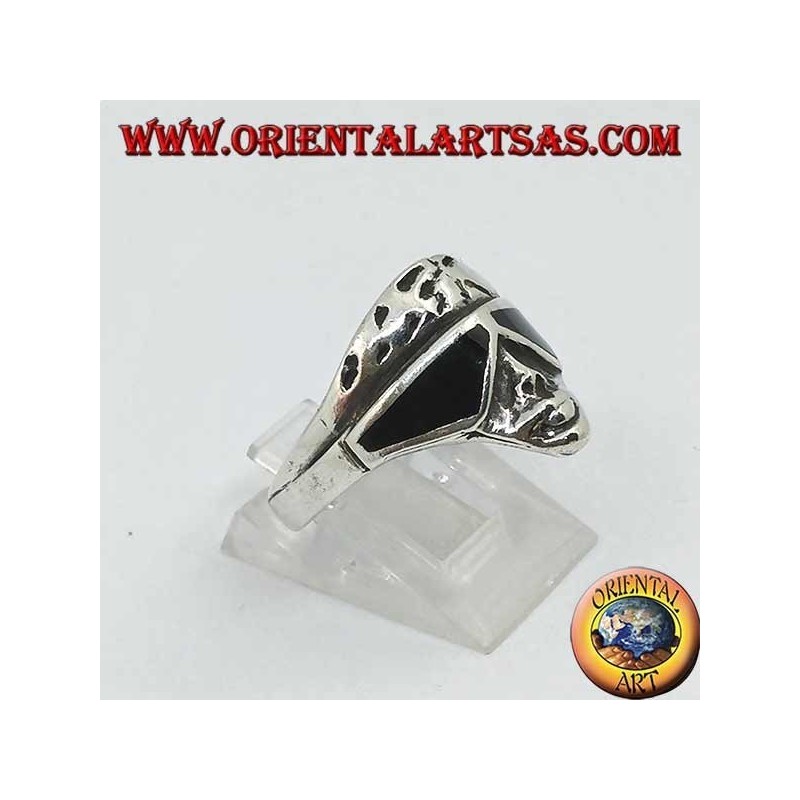 Anillo de plata con forma de cara de motociclista con gafas de sol con lentes de ónice