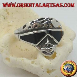 Silver ring in the shape of a biker face with sunglasses with onyx lenses