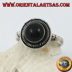 Silver ring with round cabochon onyx surrounded by stripes