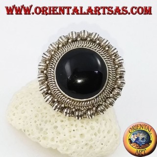 Anello in argento a margherita grande con onice tonda a cabochon