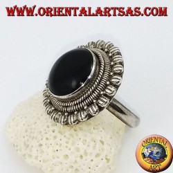 Anillo grande de plata margarita con ónix cabujón redondo