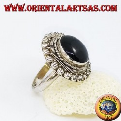 Großer silberner Gänseblümchenring mit rundem Cabochon-Onyx