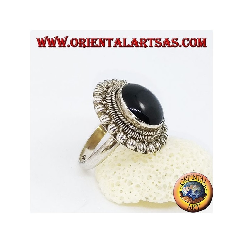 Großer silberner Gänseblümchenring mit rundem Cabochon-Onyx