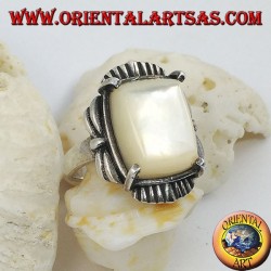 Silver ring with beveled rectangular mother of pearl set on a striped frame