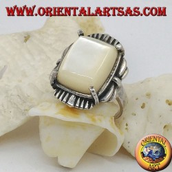 Silver ring with beveled rectangular mother of pearl set on a striped frame