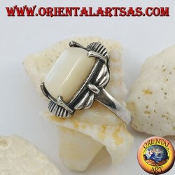 Silver ring with beveled rectangular mother of pearl set on a striped frame