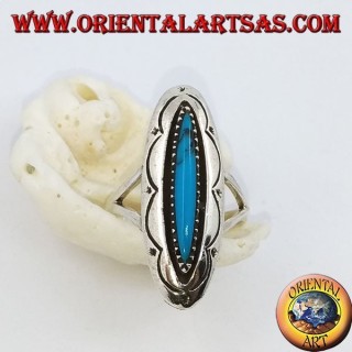 Elongated oval silver ring with shuttle turquoise and engraved decorations