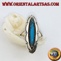 Anello in argento ovale allungato con turchese a navetta e decorazioni incise