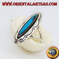 Elongated oval silver ring with shuttle turquoise and engraved decorations