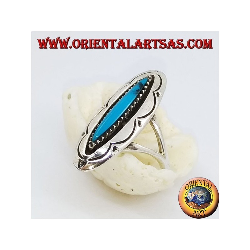 Elongated oval silver ring with shuttle turquoise and engraved decorations