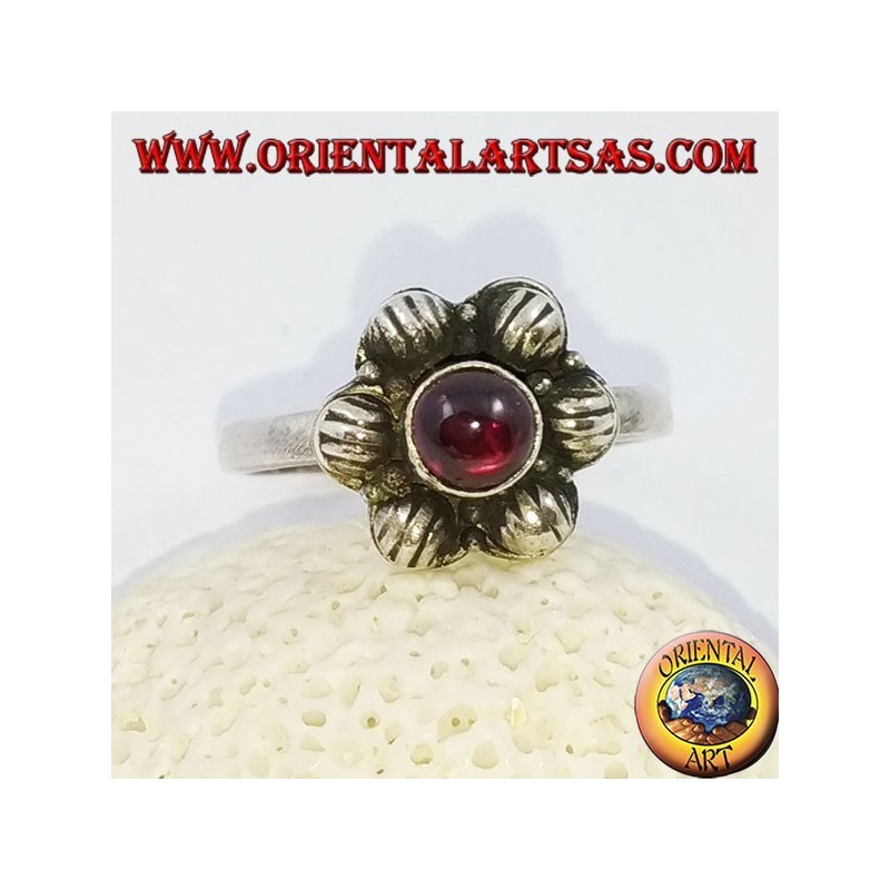 6-petal silver flower ring with cabochon round garnet
