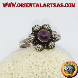 6-petal silver flower ring with a cabochon round amethyst