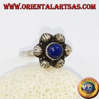 Anillo de flores de 6 pétalos de plata con cabujón redondo lapislázuli