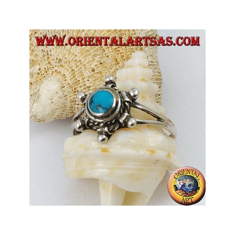 Rudder-shaped silver ring with round turquoise