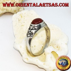 Silver ring with horizontal oval carnelian and tragedy masks on the sides