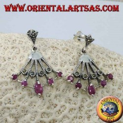 Fan-shaped silver earrings with five natural oval rubies on the tips alternated with marcasite