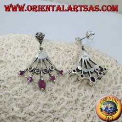 Fan-shaped silver earrings with five natural oval rubies on the tips alternated with marcasite
