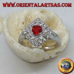Silver ring with synthetic round ruby set surrounded by rhombus zirocones