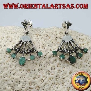 Fan-shaped silver earrings with 5 natural oval emeralds on the tips alternated with marcasite