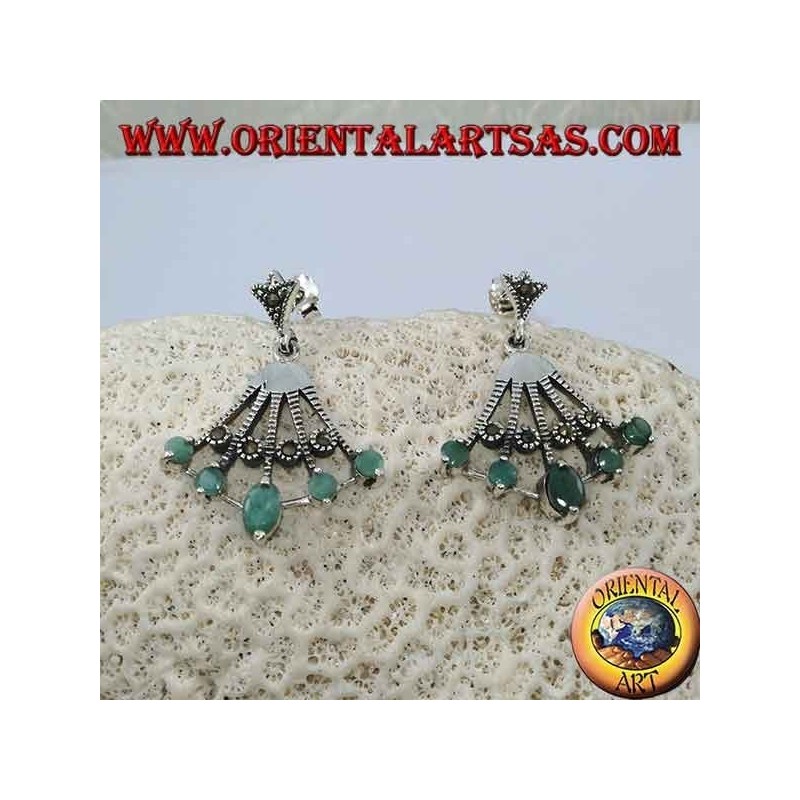 Fan-shaped silver earrings with 5 natural oval emeralds on the tips alternated with marcasite