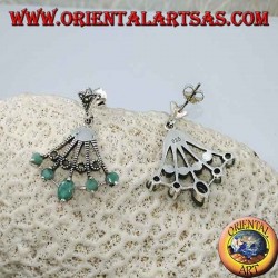 Pendientes de plata en forma de abanico con 5 esmeraldas ovales naturales en las puntas alternadas con marcasita