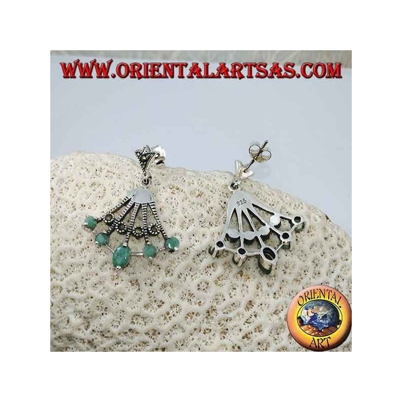 Fan-shaped silver earrings with 5 natural oval emeralds on the tips alternated with marcasite