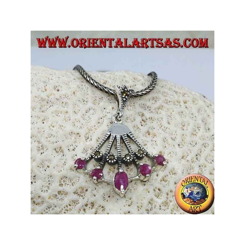 Silver pendant fan-shaped pendant with five natural oval rubies on the tips alternated with marcasite