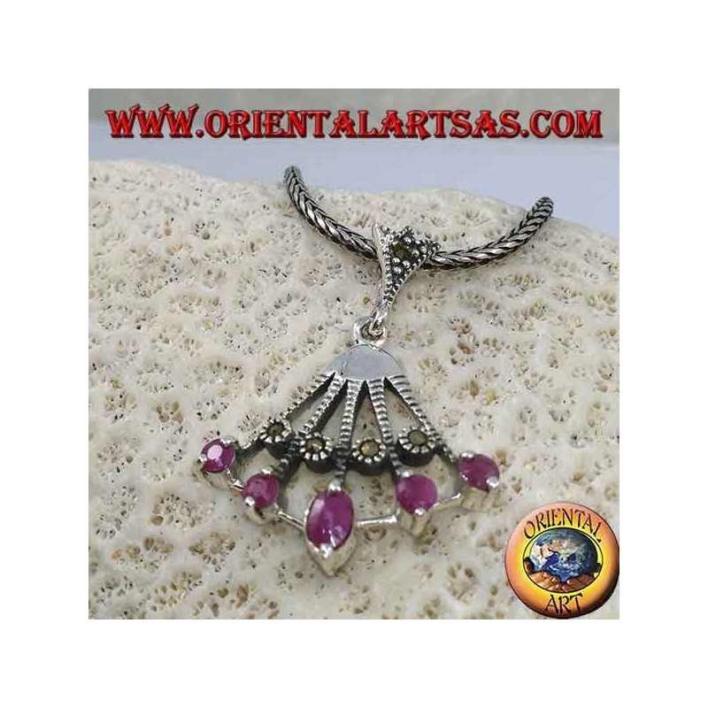 Silver pendant fan-shaped pendant with five natural oval rubies on the tips alternated with marcasite