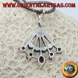 Silver pendant fan-shaped pendant with five natural oval rubies on the tips alternated with marcasite