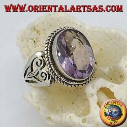 Silver ring with natural oval amethyst and double spiral heart on the sides