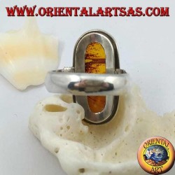 Silver ring with oval natural amber of ancient Tibetan origin and striped frame