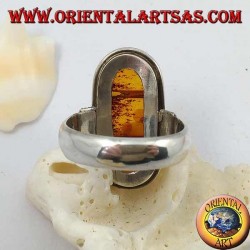 Silver ring with oval natural amber of ancient Tibetan origin and striped frame