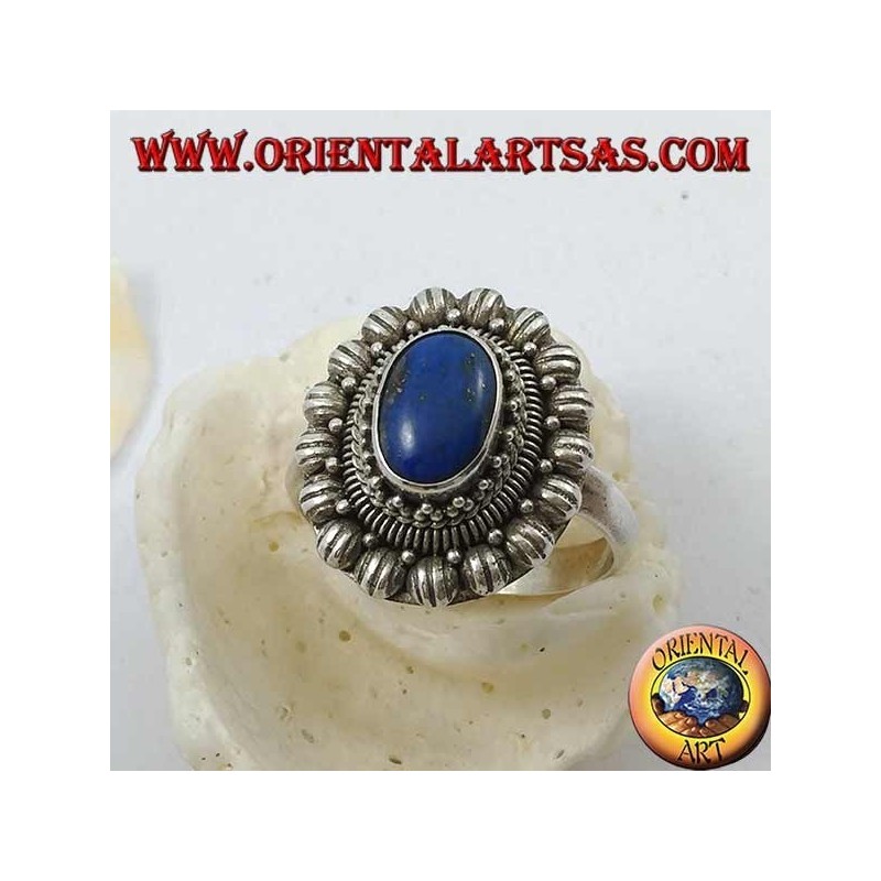 Silver flower ring with oval cabochon lapis lazuli
