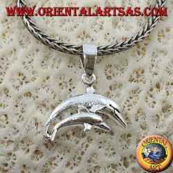 Silver pendant pair of jumping dolphins (mom and son)