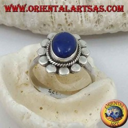 Daisy silver ring with oval cabochon lapis lazuli and petal discs