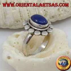 Daisy silver ring with oval cabochon lapis lazuli and petal discs