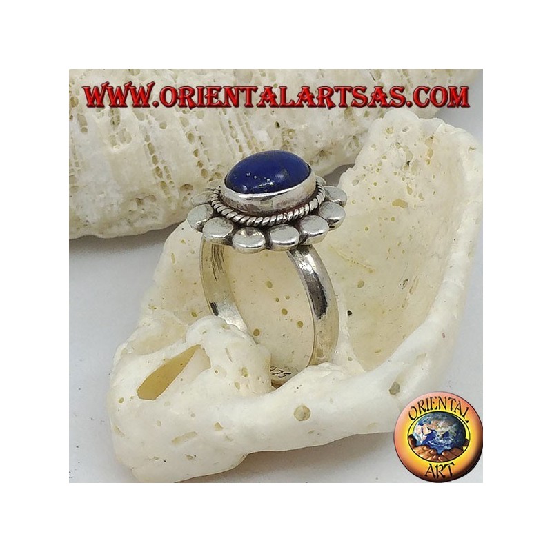 Daisy silver ring with oval cabochon lapis lazuli and petal discs