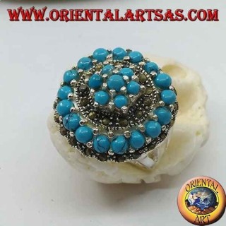 Bague en argent mosaïque concentrique parsemée de boules turquoise et marcassite