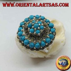 Concentric mosaic silver ring studded with turquoise and marcasite balls set