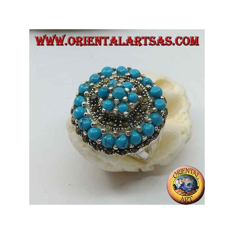 Concentric mosaic silver ring studded with turquoise and marcasite balls set