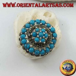 Anillo de plata de mosaico concéntrico tachonado con bolas de turquesa y marcasita.