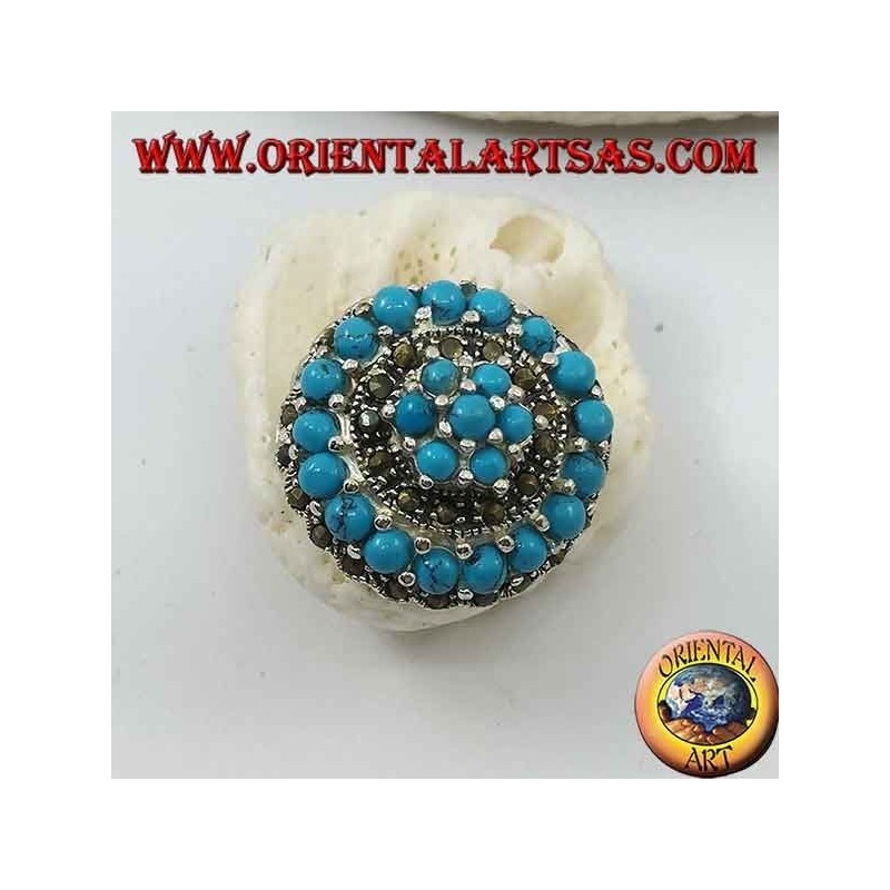 Bague en argent mosaïque concentrique parsemée de boules turquoise et marcassite