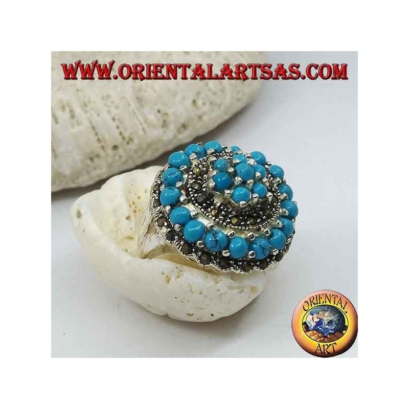 Anillo de plata de mosaico concéntrico tachonado con bolas de turquesa y marcasita.