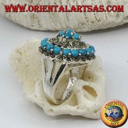 Concentric mosaic silver ring studded with turquoise and marcasite balls set