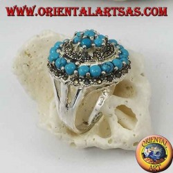 Anillo de plata de mosaico concéntrico tachonado con bolas de turquesa y marcasita.