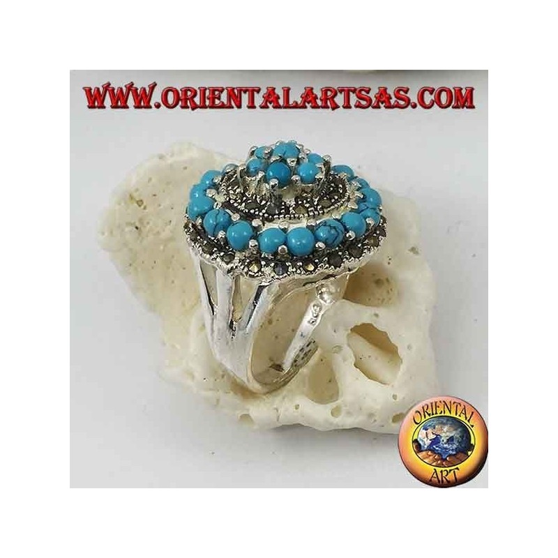 Concentric mosaic silver ring studded with turquoise and marcasite balls set