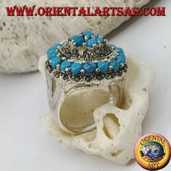 Concentric mosaic silver ring studded with turquoise and marcasite balls set