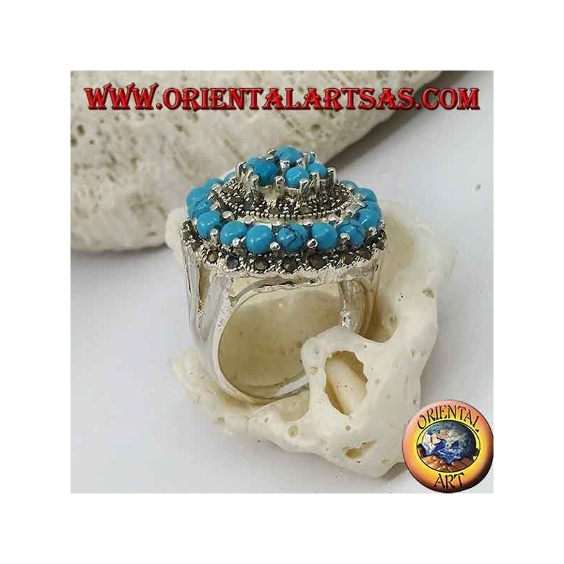 Concentric mosaic silver ring studded with turquoise and marcasite balls set