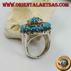 Concentric mosaic silver ring studded with turquoise and marcasite balls set